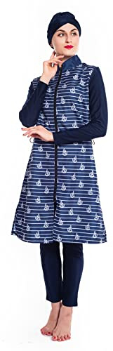 Wowdecor Muslim Swimsuits for Women Full Coverage Islamic Modest Swimsuit Long Sleeve Burkini (XL, Navy Blue)