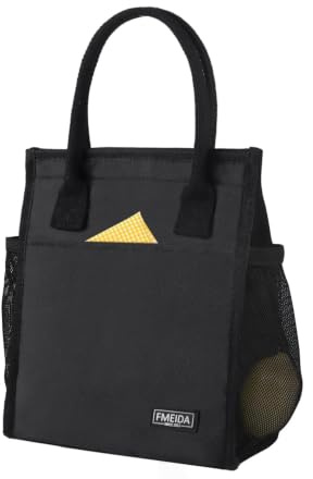 Fmeida Kühltasche klein Lunchtasche Damen Lunchbag Faltbar Isoliertasche Mini Lunchbox Tasche Thermotasche Faltbar Lunchbag für Picknick Schule Reisen Herren Schwarz | BPA-frei und thermisch, Netz-Seitentaschen, weite Öffnung, leicht zu reinigen, leicht, wasserabweisend