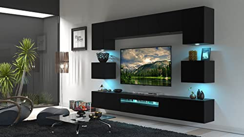 Furnitech Wohnwand Wohnzimmer - Wohnzimmer Möbel mit LED Blau - Hängend Wohnwand Modern - Wohnzimmer Schrankwand mit Regale und TV Schrank (Besta GAN1-17B-M7-1B Matt)