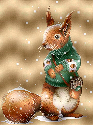 Awesocrafts Kreuzstich Stickpackungen Vorgedruckt Winter Eichhörnchen Bilder Vorlagen Sticken Set Vorgedruckt 11CT 3 Stränge