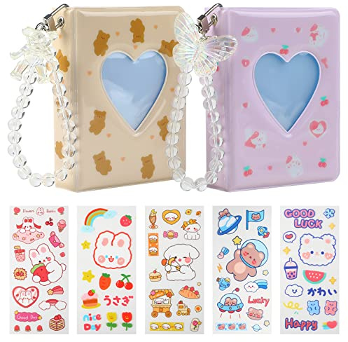 CCINEE 2Pcs Kpop Photocard Holder Book, Mini Kpop Photo Album with Crystal Pendant and Cute Stickers Love Heart Hollow Kpop Photocard Binder Id Holder 40 Pockets Collect Book Kpop (Bear & Cat)