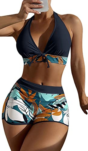 FEOYA Women's Tankini Sets Sexy Two Pieces Swimsuit Halter Neck Top with Shorts Bikini Sets Floral Print Swimwear Plus Size Push Up