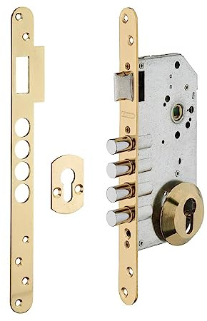 Serratura da incasso a cilindro europeo europeo, asse 50x85mm con borchia, oro - THIRARD