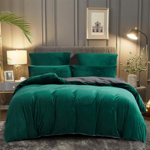 DXHOME Piumino Invernale 155 x 220 cm Verde Scuro Grigio Invernale Caldo, Biancheria da Letto in Pile con Effetto Cachemire e Corallo, Rivestimento in Pile con Cerniera e 2 Fodere per Cuscini 80 x 80