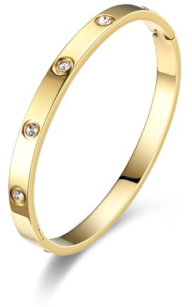 RIXERKOC 18k Gold Plated Love Friendship Bracelet with Cubic Zirconia Stones Bangle for Women Men Stainless Steel Bangle for Love Couple Jewellery Bangle Gifts, Gold(50*60cm)