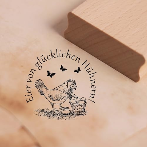 Motivstempel Eier von glücklichen Hühnern - Huhn mit Kopftuch Eierkorb Stempel Ei Landhaus Holzstempel 38 x 38 mm