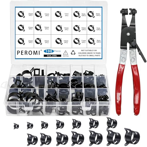 PEROMI 100Pcs 6-25mm Spring Band Hose Clamps With Swivel Flat Hose Clamp Plier Assortment Kit, Constant Tension Steel Clamps for Fuel Lines, Silicone, Vacuum Hoses & Low-Pressure Air Clips