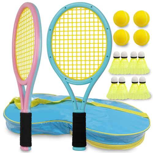 Ppbmocw Federball Set Kinder,17 Zoll TennisschläGer Für Kinder,Tennis Setmit 8 Badminton Und 4 Softball (Blau&Rosa)