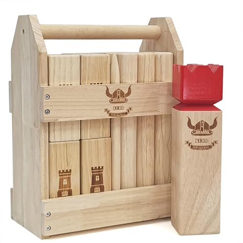 Kubb Spielset - Hartholz Wikinger Spiele mit Gummiholzkiste -KUBB Werfen Outdoor Spiele (Verordnung, Roter König)