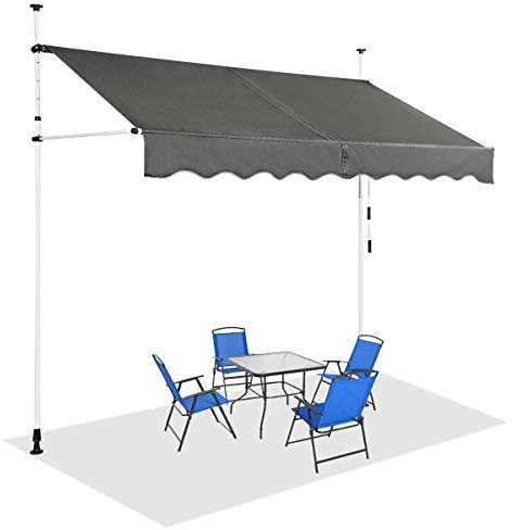 GOPLUS Store Banne Manuel 2x1,2M, Auvent Rétractable de Terrasse Hauteur Réglable 2-3M, Store Banne sans Percage pour Balcon Jardin (Gris)