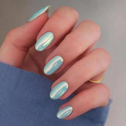Angwis 24pcs Short Oval False Nails Sky Blue False Nails Mirror Stick on Nails Metallic Press on Nails Removable Glue-on Nails Full Cover Fake Nails Women Brides Nail Art Accessories