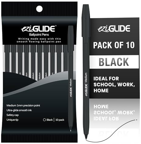 Eziglide 10-Pack Ballpoint Pens, Black - (1.0mm) Medium Point, Easy Grip