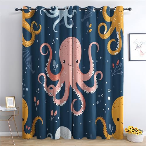 Generisch Vorhänge Oktopus - Kinder Süße Meerestiere Fenster Gardinen mit Ösen, Vorhang Blickdicht Verdunklungsvorhänge Thermovorhang für Wohnzimmer Schlafzimmer Deko 2er Set, H 245 x B 140 cm H-&306