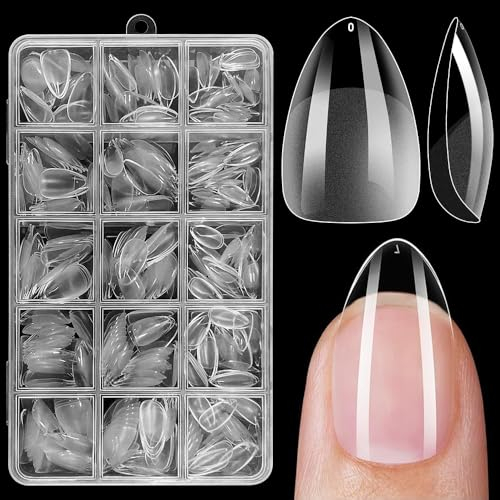 ZEYACHAN 450 Pièces Capsule Americaine Ongle Amande, 15 Tailles Faux Ongles Transparent, Semi Givré, Capsule Ongle Court, Soft Gel Nail Tips, Faux Ongles et Capsules Pour Nail Art