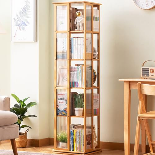 Um 360 bücherturm freistehend drehbar 5 Stufe rotierende Bücherschrank-Bambus moderner vertikaler bücherregalturm freistehende Aufbewahrungsorganisatorbuch Stapelbar FüR Wohnzimmer,Schlafzimmer,BüRo(W