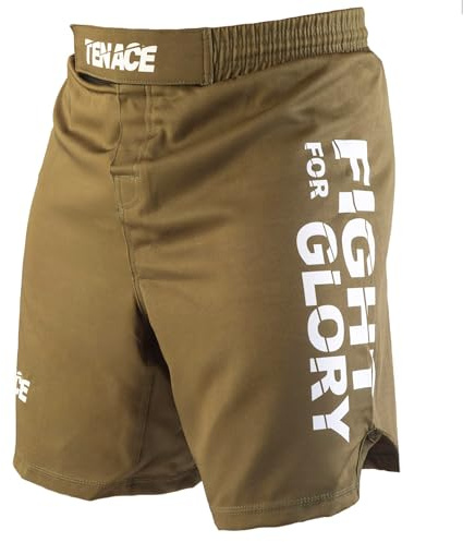 Tenace MMA Pantalón Corto - Short Entrenamiento Grappling, BJJ, Boxeo, Artes Marciales (FR/ES, Letras, S, Regular, Regular, Caqui)