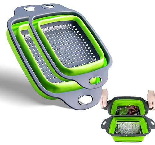 Juego de 2 coladores plegables, cestas de drenaje plegables cuadradas de silicona con asas, colador de cocina para drenar pasta, verduras, frutas, coladores de silicona y coladores de alimentos, color
