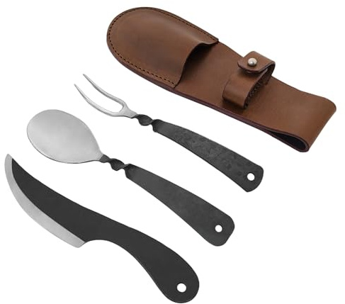 Lord of Battles Juego de cubiertos rústicos vikingos | Paquete de cuchillo medieval, tenedor, cuchara con bolsa de cuero genuino | Juego de piensos forjados a mano