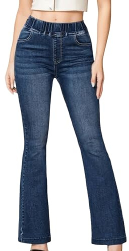 Jean Femme Taille Haute Bootcut Ceinture Élastique Stretch Ultra Confort Évasée Hanche Pantalon Patte d'Éléphant Flared Décontracté Push Up (Navy, M)