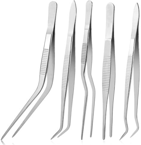 5 Stück Kitchen Kochpinzette Edelstahl Pinzette Professionelle Küchenwerkzeuge Grillpinzette Gebogene Pinzette Kochzange für Dekorieren von Speisen Kochen Backen