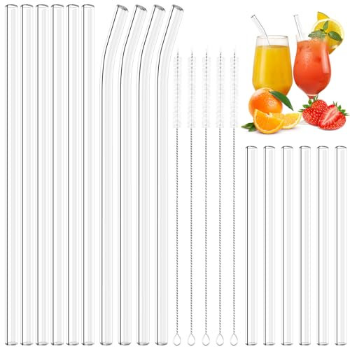 KMFYMPT 16 Cannucce Vetro, Cannucce Riutilizzabili, 6 Corte Dritte 15 cm + 6 Lunghe Dritte 25 cm + 4 CannucceCurve 25 cm + 4 Spazzole Per La Pulizia, Adatte Per Frullati, Cocktail, Succhi Di Frutta