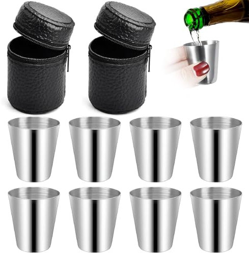 Vasos de chupito, 8 vasos de acero inoxidable, 30 ml, vasos de chupito apilables, con 2 bolsillos de piel, vasos de acero inoxidable, vasos de metal portátiles, accesorios ideales para petaca