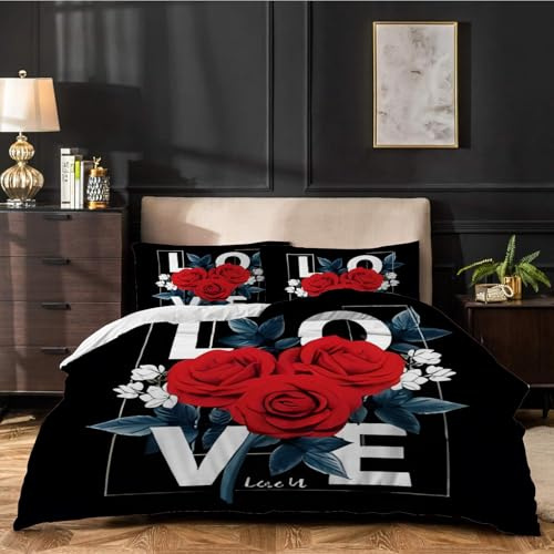 dyausi Blumen Bettwäsche 135x200 Schwarz Rot, Rose Bettbezug 2 teilig, Rose Wendebettwäsche Microfaser, Deckenbezug mit Reißverschluss und 1 Kissenbezug A77