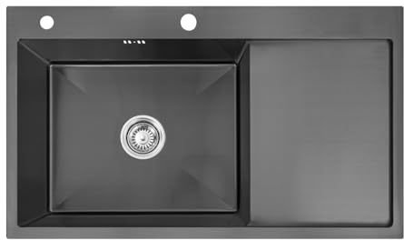 Omeere, 86 x 50 x 21, fregadero de cocina, acero inoxidable 304, grosor del material: 0,8 mm, fregadero, fregadero, fregadero empotrable, rectangular, 1 cuenca, rebosadero, escurridor, color negro