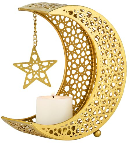 Marrakesch Orientalische Ramadan Deko Teelichthalter aus Metall 19 cm groß | Windlicht Amaa als Garten Wohnzimmer Tisch Deko | Exquisite Gold Kerzenständer Kerzenhalter für LED Teelichter