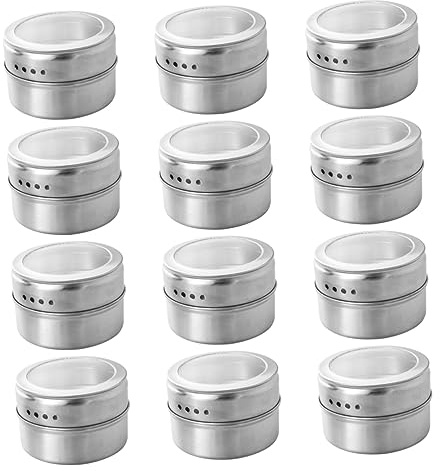 PRETYZOOM Magnetic Stainless Steel Spice Storage Tins Set 12pcs with Sift and Pour Lids, Matte Finish Spice Jars for Refrigerator and Grill Organizing