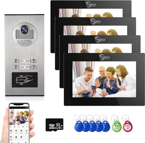 Sistema videocitofonico cablato dell'appartamento, videocitofono 1080P, videocitofono da 6 unità e 7 pollici con monitor a sfioramento, rilevamento del movimento (1 campanello + 4 monitor)