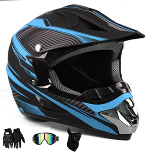 Casque IntéGral VTT/Cross, pour Jeunes Enfants, Moto Tout-Terrain, VTT, Scooter, avec Lunettes, Masque, Gants, pour GarçOns Et Filles de 8 à 14 Ans(KK Blue,S(52-53cm))