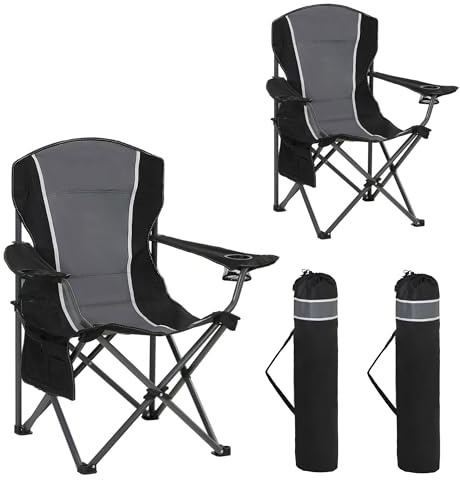 HIGH POINT SPORTS Silla de Camping Negro, Silla Camping Plegable Silla Plegable Portátil de Gran Tamaño, Silla Plegable Azul-Gris Resistente al Aire Libre 160KG Silla de Pesca (Negro 2 Piezas)