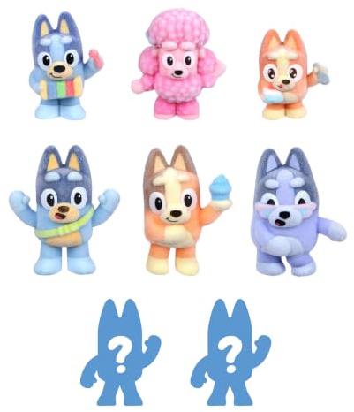 Bluey Fuzzies Deluxe 8 Figure Pack, 6 Mini-Figures + 2 Surprise Figures | 6 flocked mini figures + 2 surprise figures for collecting, trading card, and collector's guide, 80 to collect in series 1!
