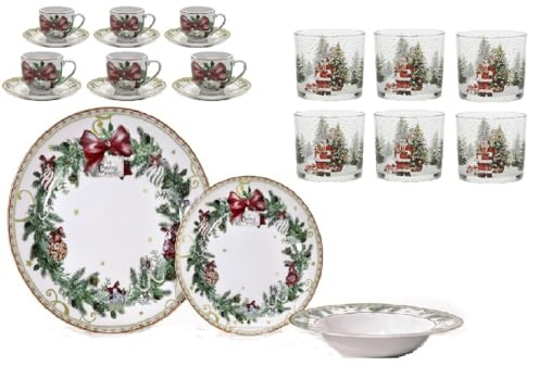 Servizio di piatti completo di Bicchieri e Tazzine per 6 posti Tavola di natale con Motivi Natalizi ghirlanda fiocco rosso agrifoglio pigne palline addobbi idea Regalo