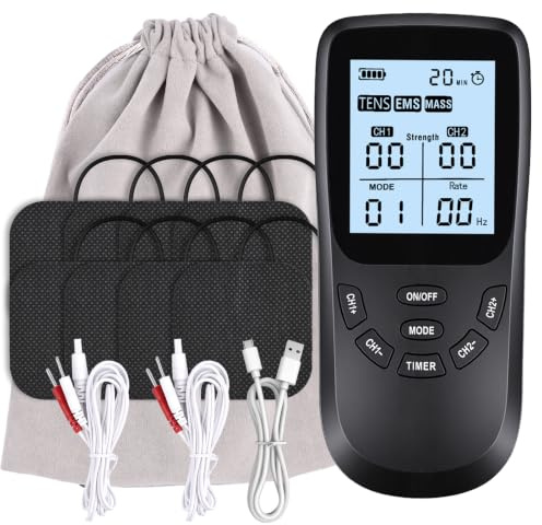 Dreamhigh® Appareil TENS/EMS/MASS/DIY 4-en-1 pour la Thérapie de la Douleur avec 36 Modes, 4 Canaux, Fonction Massage pour Bras, Jambes, Dos, Épaules et Nuque, avec 8 Électrodes