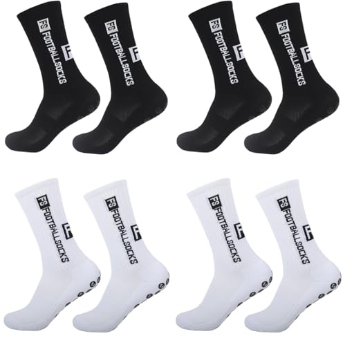 GGUFAY 4 Pares de Calcetines Antideslizantes Futbol 39-44, Calcetines de Agarre con Puntos de Goma, Absorben El Sudor y Transpirables, Unisex, para Deportes, Correr (2 Blancos, 2 Negros)