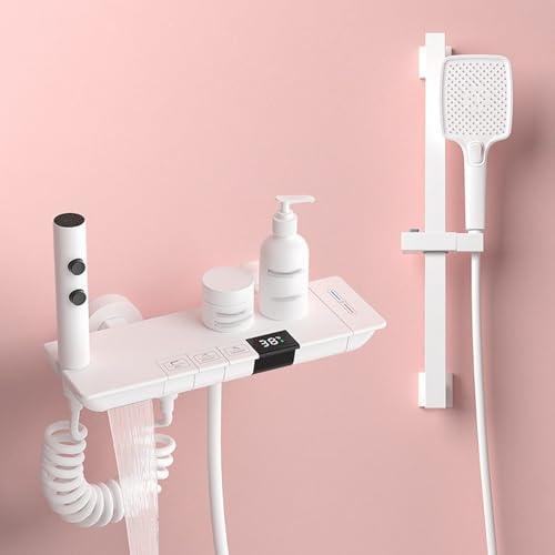 XJTNLB Mischbatterie Dusche Wandmontage Duschthermostat Weiß Badewannenarmatur Wasserfall mit Brause und Anhebbare Duschstange