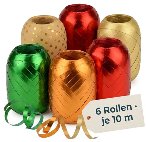 Set ringband polyband presentband presentband för pyssel och förpackning – glänsande och matt sorterade (röd – grön – orange, 6 rullar presentband vardera 10 m)