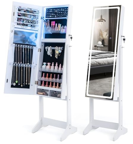 COSTWAY Schmuckschrank mit Spiegel, Spiegelschrank mit 3-farbigen LED Beleuchtung, abschließbar, freistehend, neigungsverstellbar, Schmuckregal mit Schubladen, 41 x 38,5 x 151 cm (weiß)