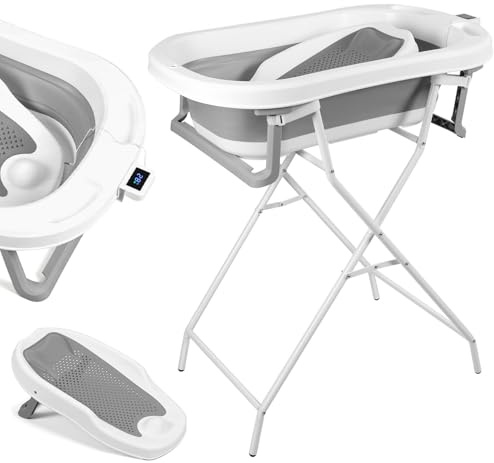 Ollewiellan Baby Badewanne mit Gestell und Thermometer, Faltbare Babywanne mit Ablauf und Abnehmbarem Thermometer,Klappbare Badewanne für Babys von 0–36 Monaten,Platzsparend,Rutschfest,Grau