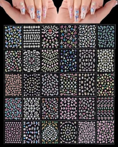 BIRLOZA 30 Blatt Aurora-Nagelkunst-Aufkleber, selbstklebende 3D-Blumen-Nagelaufkleber, Aurora-Mond-Stern-Nagelaufkleber, Blatt-Herz-Nageldesign für DIY-Acrylnägel-Dekoration