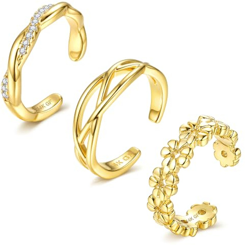Morfetto Set de 3 Anillos para Pies Ajustables para Mujer Rellenos de Oro de 14K Diseño Abierto con CZ Flor y Ópalo Resistentes al Deslustre Joyería de Verano para Playa Gold Flower