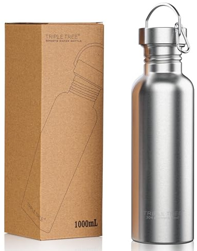 TRIPLE TREE 34 OZ Uninsulated Single Walled Stainless Steel Sports Water Bottle 18/8 Food Grade for Cyclists, Runners, Hikers, Beach Goers, Picnics, Camping - BPA Free