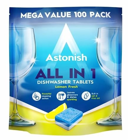 Astonish All In 1 potente compresse per la pulizia della lavastoviglie con sale e brillantante, confezione da 100 compresse, limone fresco