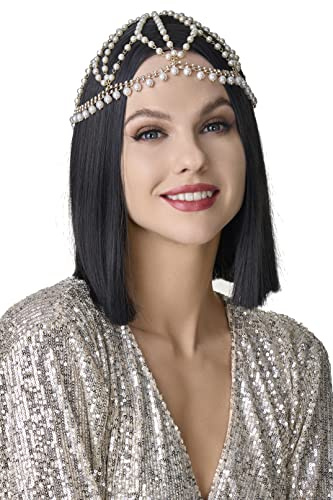 BABEYOND 1920s Crystal Cap Headpiece Rhinestone Head Chain Roaring 20s Great Gatsby Hair Accessories for Art Deco Party (Gold)