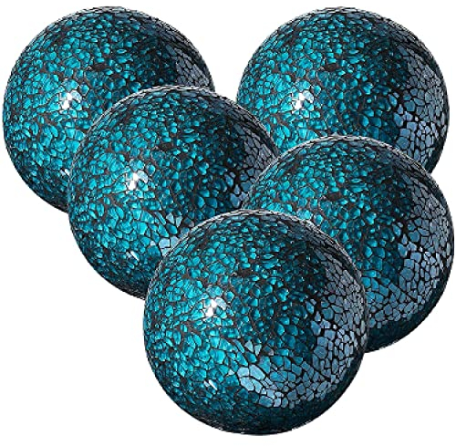 Whole Housewares Dekorative Glaskugeln, Glasmosaikkugel aus handgefertigtem Mosaikglas - Nautisches Thema | 7,6 cm Durchmesser | Moderne Deko-Kugeln - 5er-Set - Türkis