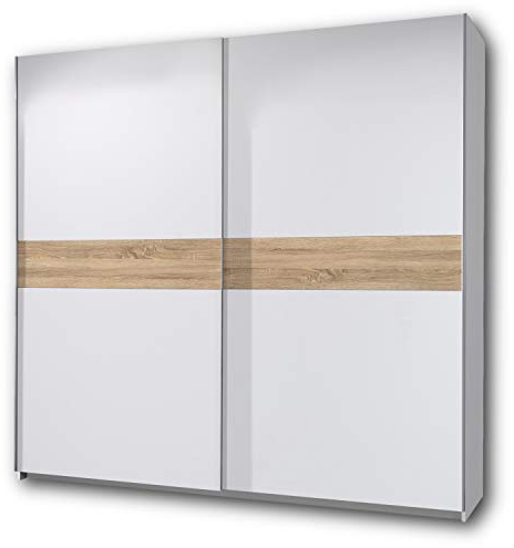 PULS Armario elegante y versátil con mucho espacio de almacenamiento, con puertas correderas en blanco con franja en hormigón, 215 x 210 x 58 cm (ancho/alto/profundo)