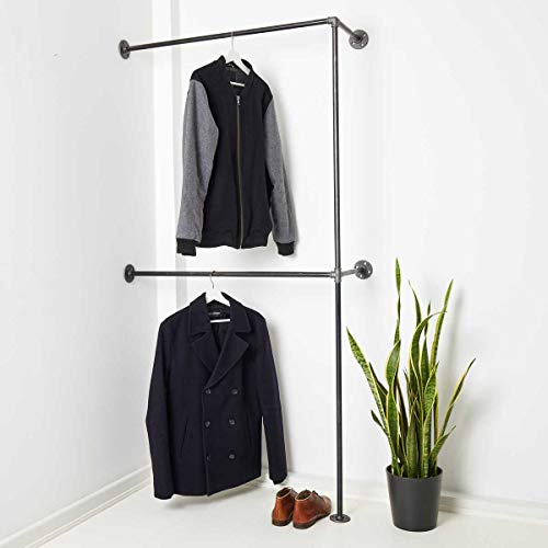 VARIOUS Garderobe für die Ecke - div. Größen, z.B. 60 x 220 cm - Industrial Design Kleiderstange doppelt für Jacken - nach links o. rechts - schwarz, Metall