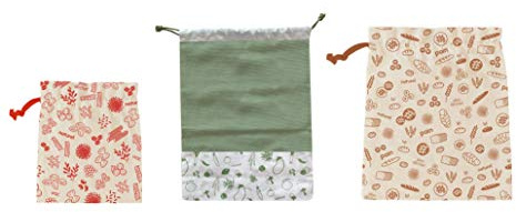 Pebbly- Zero Waste Set of 3 Organic Cotton Bags: Veggie Bag, Bulk Buy Bag, Bread Bag